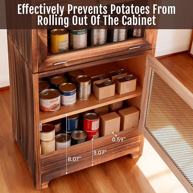 Large Potato and Onion Storage Bin - Wooden Stackable Bread Storage Box with Lid & Mesh Doors, Decorative Fruit and Vegetable Organization Cabinet for Kitchen, 15.75"W x 10.7"D x 33.5"H (Rustic Color)