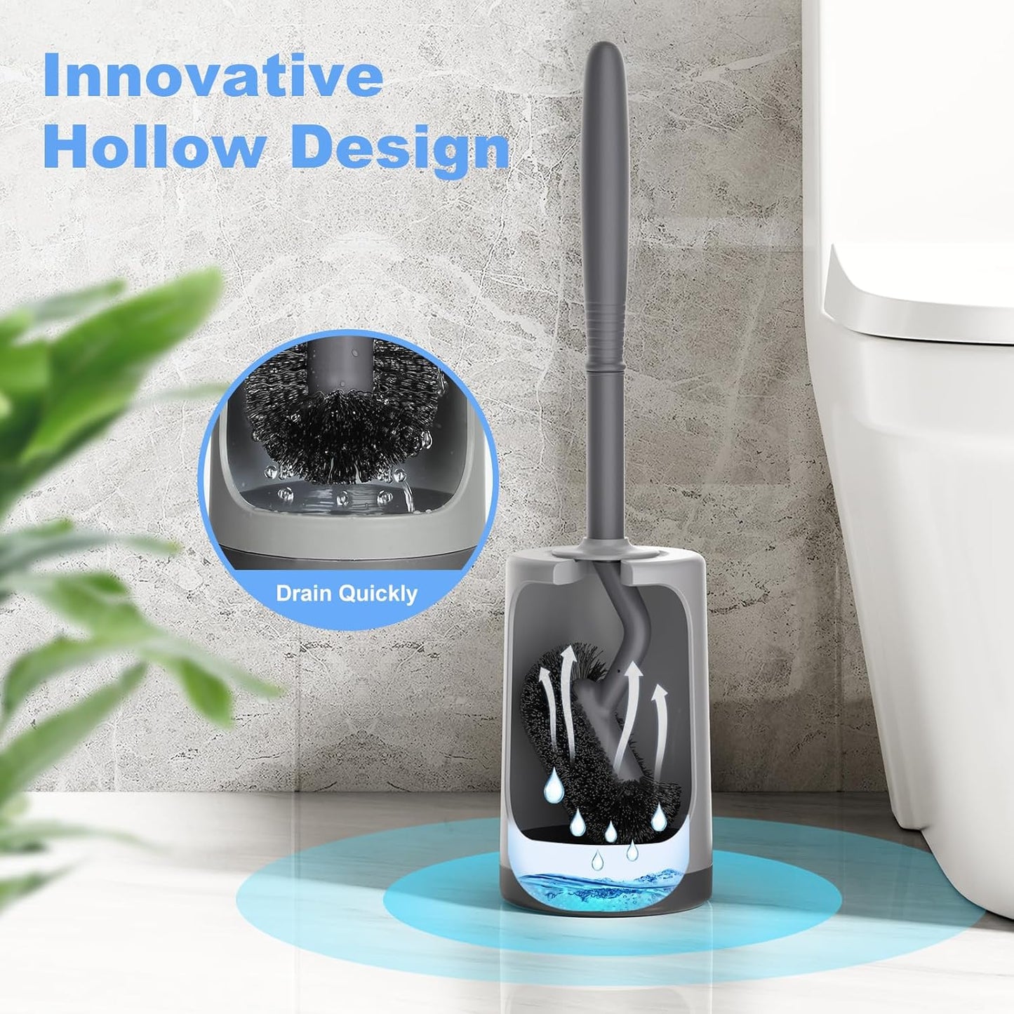 HAMITOR Toilet Bowl Brush Holder Set: Curved Design with Holder for Deep Cleaning Under Rim - Compact Hidden Scrubber for Small Space - Modern RV Bathroom Accessories - Gray