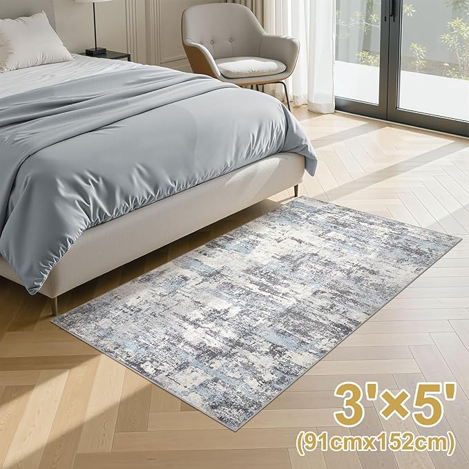 Hallway Washable Runner Rug: 3x5 Abstract Modern Soft Stain Resistant Non-Slip Backing Runner for for Entryway Kitchen Laundry Living Bathroom - Blue Grey