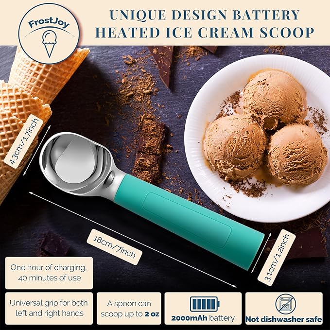 Heated Ice Cream Scoop Rechargeable, Electric Warming Ice Cream Scooper with LED Display, Heats to 158°F for Hard Ice Cream, Easy for Seniors & Kids, IP67 Waterproof (Retro Mint, 2oz)