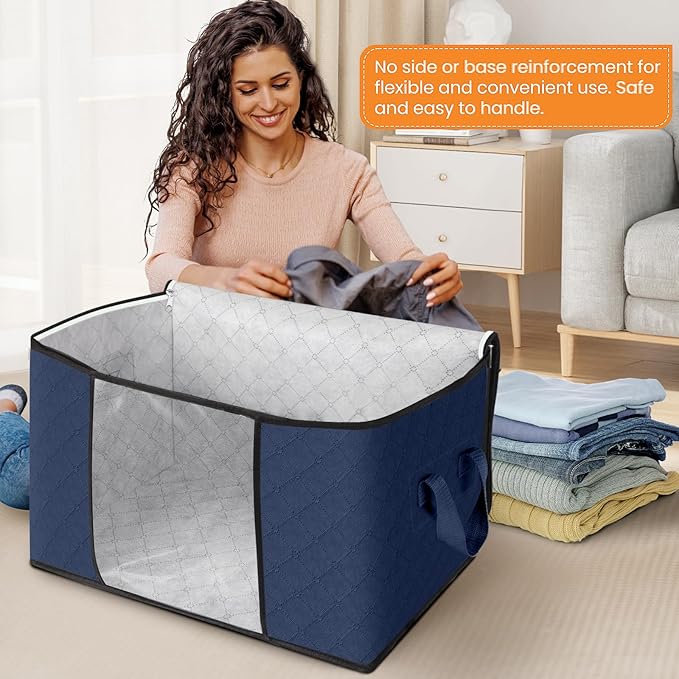 Fab totes 24 Gallons Clothes Storage,Foldable Thick Fabric Blanket Storage Bags, Containers for Organizing Bedroom, Closet, Clothing, Comforter, Organization with Handle (10 Pack,Blue)