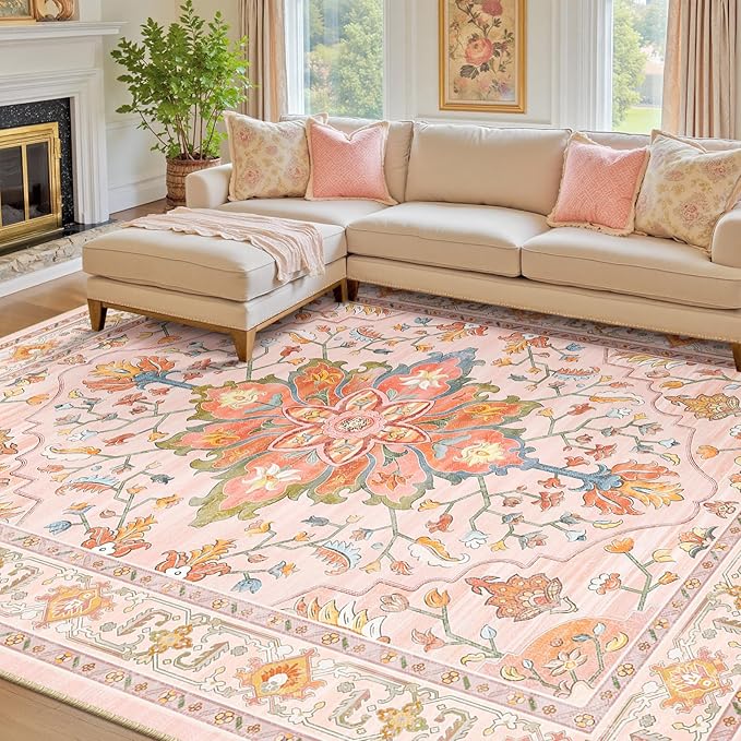 RELEANY Area Rugs 8'x10' Washable Non-Slip, Floral Vintage Distress Print Pattern Medallion Carpet for Living Room Bedroom Dining Room, Light Pink Colorful