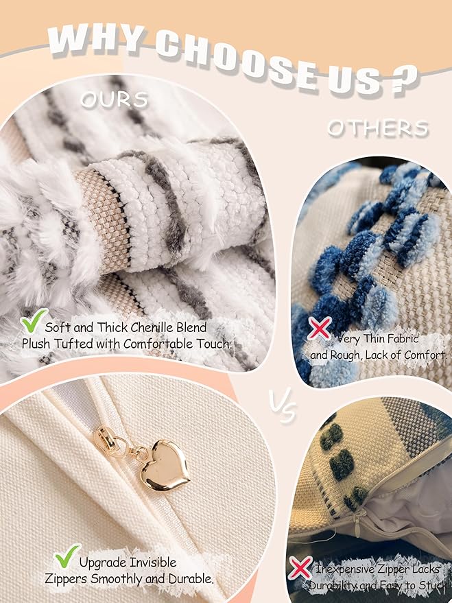 KOOLIFE Boho Chenille Tufted Couch Throw Pillow Covers 18x18 Inch Set of 2 Farmhouse Striped Decorative Pillow Covers Accent Neutral Square Pillowcase Grey Cushion Covers for Livingroom Sofa Bed