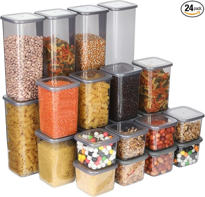 T&D HOME GOODS Storage Jars with Lid, Airtight, Set of 24 Storage Containers, BPA-Free, Storage Container for Cereal, Flour, Kitchen, Practical Organiser Kitchen, (24, 3 Square diff size)