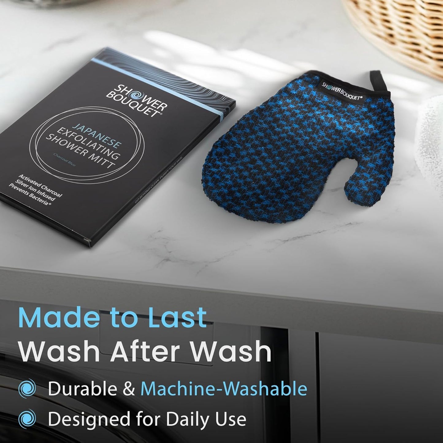 Japanese Exfoliating Mitt for Shower [1-Pack, Blue] - Charcoal & Silver Ion Exfoliating Glove - Gentle Exfoliation & Deep Cleansing Shower Mitt - Exfoliating Body Scrubber Glove, Soft Fabric Inside