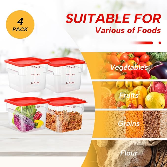 4 Pack Food Storage Containers, 6 Quart with Lids, Square Commercial Containers with Scale, Clear NSF Food Organizing, Polycarbonate