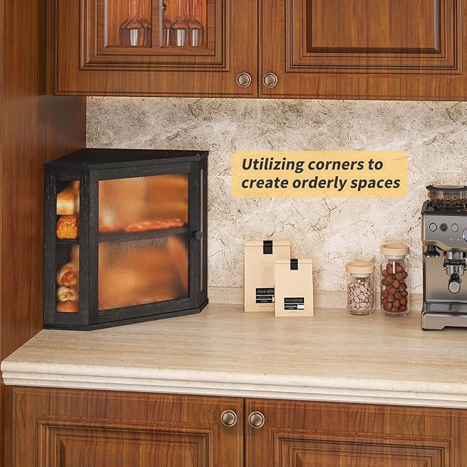 Corner Bread Box for Kitchen Countertop,Bread Storage for Homemade Bread, Double Layer Large Bamboo Kitchen Storage Bin with Window (Black, Medium)