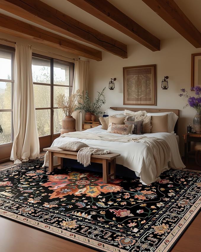 RELEANY Area Rugs 9'x12' Washable Non-Slip, Floral Vintage Distress Print Pattern Medallion Carpet for Living Room Bedroom Dining Room, Black Colorful Floral Dark Tan