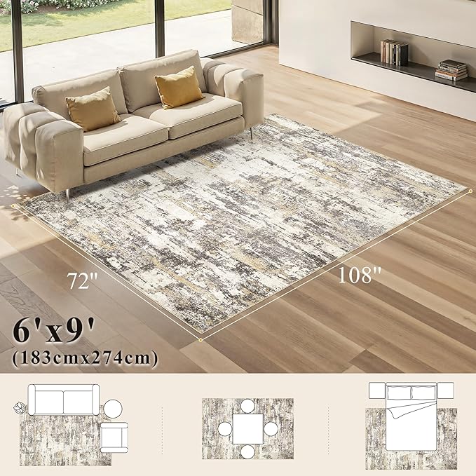 Area Rugs for Living Room: 6x9 Abstract Washable Rug Modern Neutral Large Soft Stain Resistant Non-Slip Backing Machine Table for Bedroom Dining Room Indoor Home Office Carpet - Gold Brown