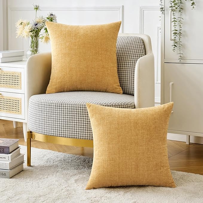 MIULEE Pack of 2 Couch Throw Pillow Covers 16x16 Inch Soft Gold Chenille Pillow Covers for Sofa Living Room Spring Home Decor Couch Solid Dyed Cases