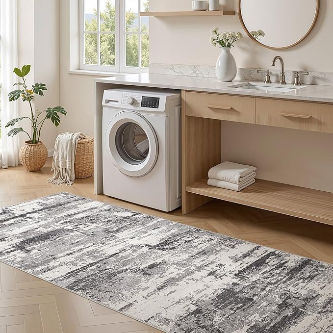 Hallway Washable Runner Rug: 3x12 Abstract Modern Soft Stain Resistant Non-Slip Backing Runner for for Entryway Kitchen Laundry - Black Grey