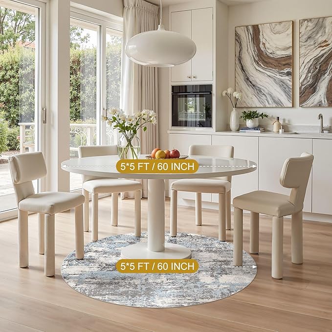 5ft Round Area Rugs for Living Room: 5x5 Abstract Washable Rug Modern Large Soft Stain Resistant Non-Slip Backing Machine Table for Bedroom Dining Room Indoor Home Office Carpet - Blue Grey