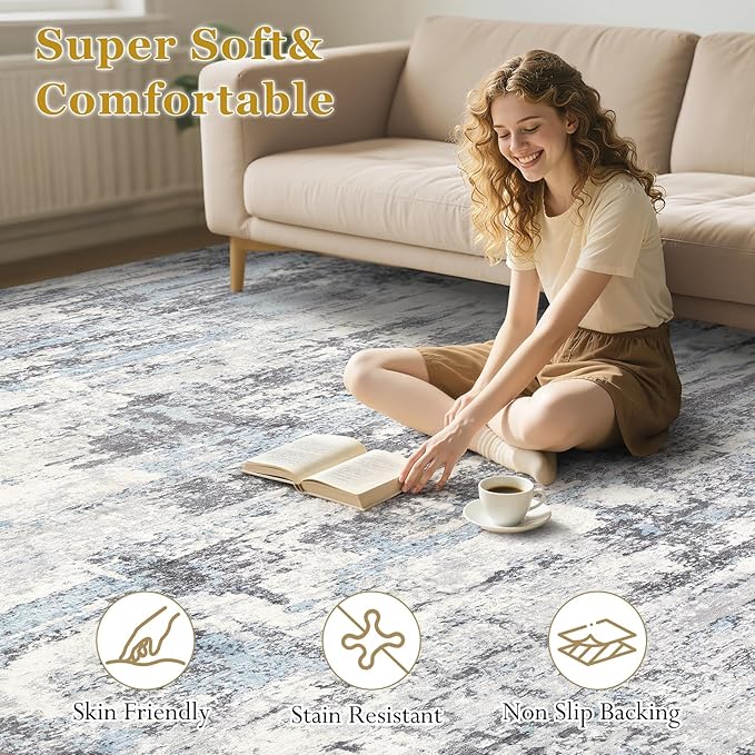 Area Rugs for Living Room: 5x8 Abstract Washable Rug Modern Neutral Large Soft Stain Resistant Non-Slip Backing Machine Table for Bedroom Dining Room Indoor Home Office Carpet - Blue Grey
