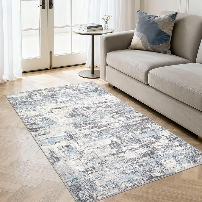 Hallway Washable Runner Rug: 3x5 Abstract Modern Soft Stain Resistant Non-Slip Backing Runner for for Entryway Kitchen Laundry Living Bathroom - Blue Grey