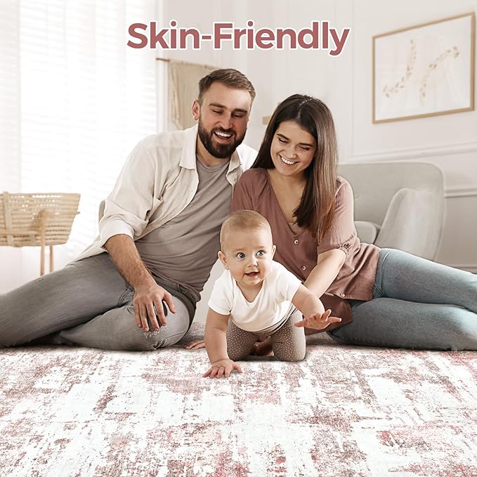 Hallway Washable Runner Rug: 3x5 Abstract Modern Soft Stain Resistant Non-Slip Backing Runner for for Entryway Kitchen Laundry Living Bathroom - Pink