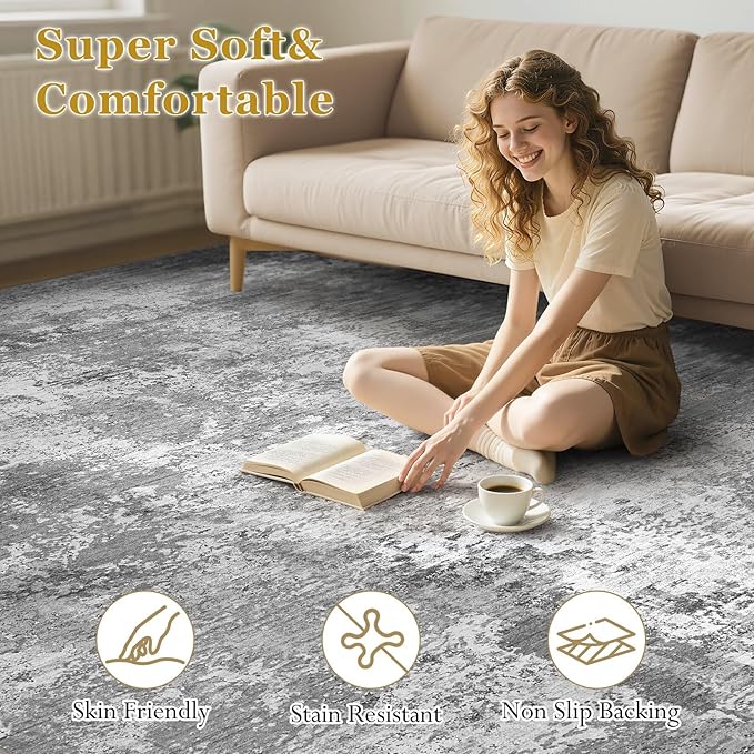 8x10 Area Rugs for Living Room：Washable Rug Abstract Modern Neutral Large Soft Stain Resistant Non-Slip Backing Machine Table for Bedroom Dining Room Indoor Home Office Carpet - Light Grey