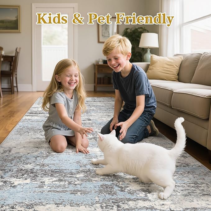 Hallway Washable Runner Rug: 3x8 Abstract Modern Soft Stain Resistant Non-Slip Backing Runner for for Entryway Kitchen Laundry - Blue Grey