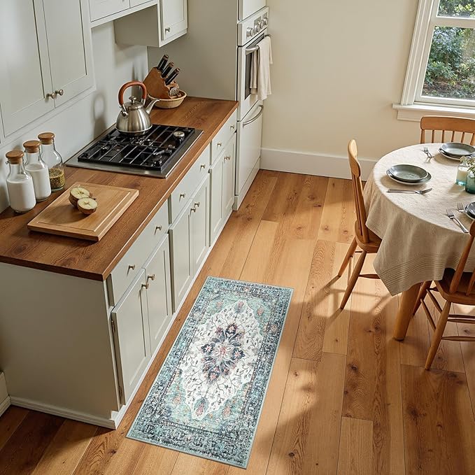 RELEANY Area Rugs 2'x4' Kitchen Rugs Entry Rug Small Rugs for Entryway Kitchen Bathroom Door Mat Indoor Entrance,Washable Non Slip, Green Navy Blue White Red Teal Colorful