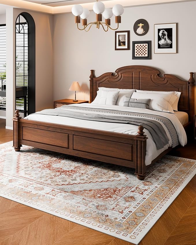 VEVOR 8 x 10 ft Area Rug Large Washable Rug Non-Slip and Tear-Resistant Soft Carpet Pet & Child Friendly Vintage Area Rugs Indoor Mat for Bedroom Living Room Kids Room Office Brown Red