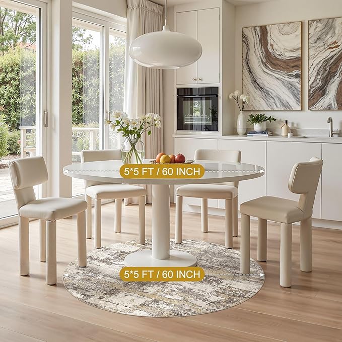 5ft Round Area Rugs for Living Room: 5x5 Abstract Washable Rug Modern Large Soft Stain Resistant Non-Slip Backing Machine Table for Bedroom Dining Room Indoor Home Office Carpet - Gold Brown