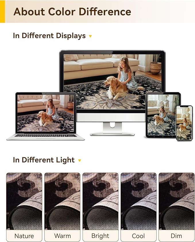 RELEANY Area Rugs Square 6ft Washable Non-Slip, Floral Vintage Distress Print Pattern Medallion Carpet for Living Room Bedroom Dining Room, Black Brown Neutral Dark Tan