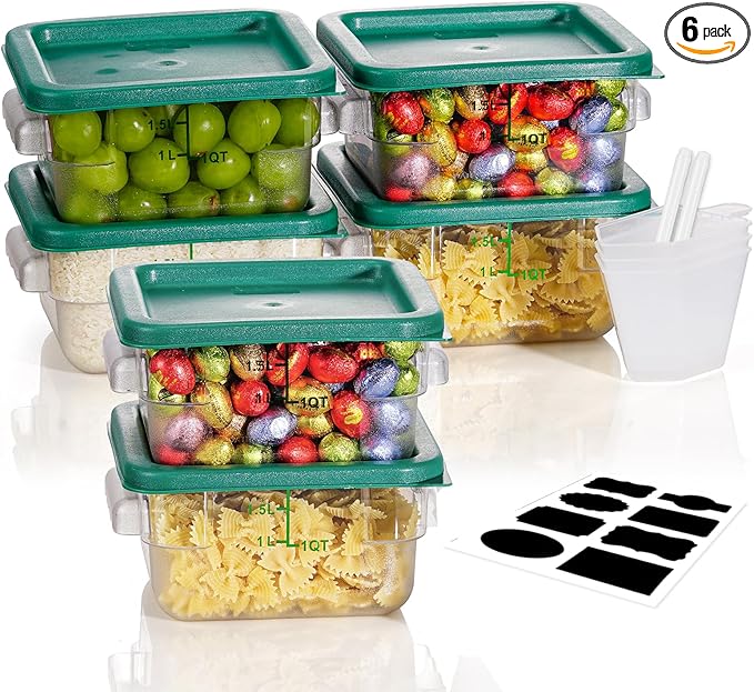 2QT NSF Food Storage Containers: 6 PCS [Food Grade][Hot&Cold Resistant] Commercial Clear Square Food Storage Containers with Scales Handles for Home Restaurant Kitchen Proof Dough(BPA FREE-GREEN N2)