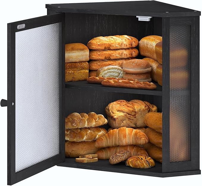 Corner Bread Box for Kitchen Countertop,Bread Storage for Homemade Bread, Double Layer Large Bamboo Kitchen Storage Bin with Window (Black, Large)