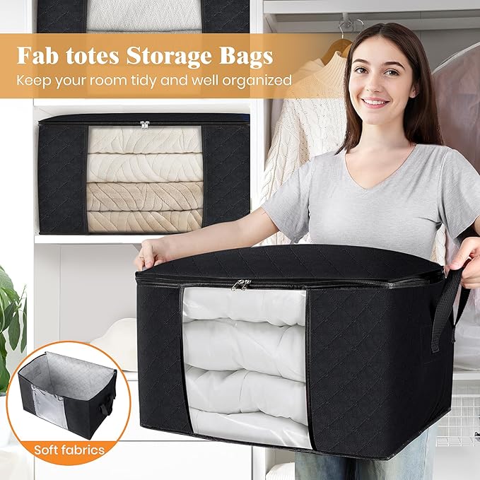 Fab totes Storage Bags,Clothes Blanket Storage Bins Foldable Closet Organizers with Reinforced Handle for Home Dorm Storage and Organization,Fabric Bags for Organizing Sheets,Clothing (Black,3 Pack)