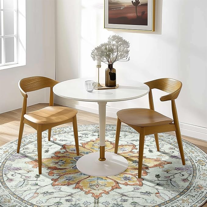 RELEANY Area Rugs 6ft Washable Non-Slip, Floral Vintage Distress Print Pattern Medallion Carpet for Living Room Bedroom Dining Room, Light Yellow Carbon Grey Orange