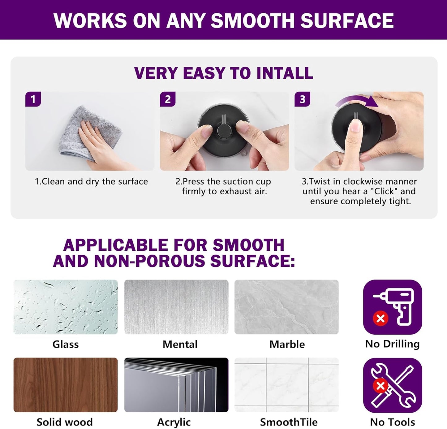 JOMOLA Stainless Steel Bathroom Suction Hooks - No Drill Adhesive-Free Wall Mount for Shower, Towel & Robe, Rustproof Metal Hardware with Damage-Free Grip, Matte Black (4-Pack)