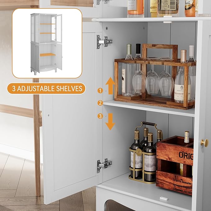 72" Tall Kitchen Pantry Cabinet with Glass Door and Adjustable Shelves, Vintage Food Storage Cabinet for Kitchen, Dining Room, Living Room, White