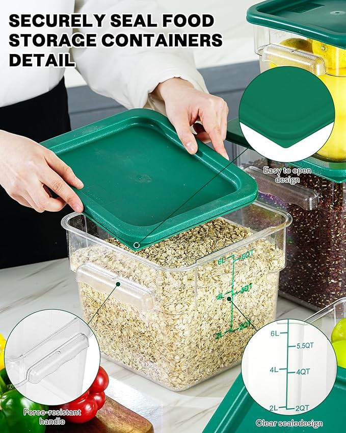 12QT NSF Food Storage Containers: 2 PCS [Food Grade][Hot&Cold Resistant] Commercial Clear Square Food Storage Containers with Scales Handles for Home Restaurant Kitchen Proof Dough(BPA FREE-GREEN N1)