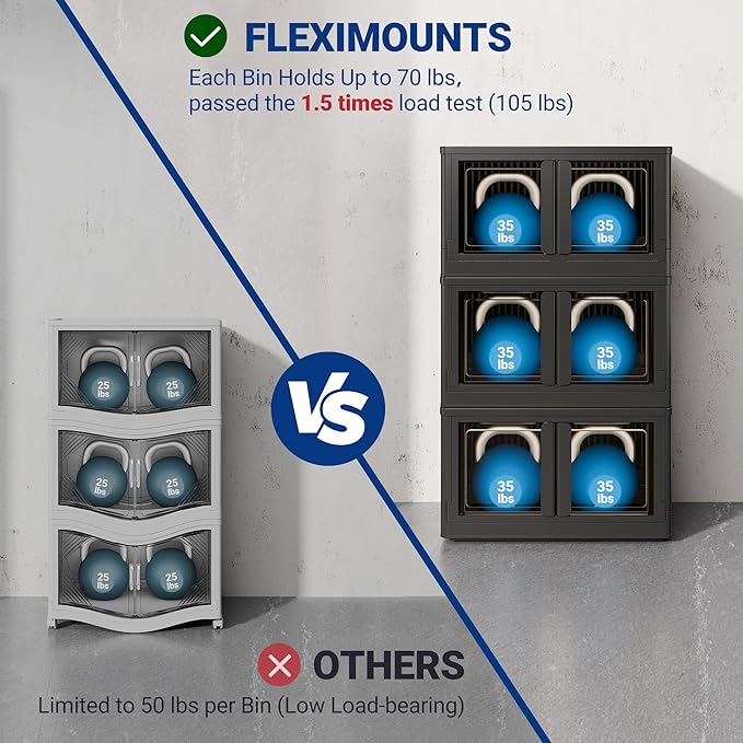 FLEXIMOUNTS 304 QT Stackable Storage Bins With Lids, Collapsible Plastic Storage Bins, Closet Organizers and Storage Containers with Doors and Built-in Wheels For Home, 4 Pack Cubes, Black