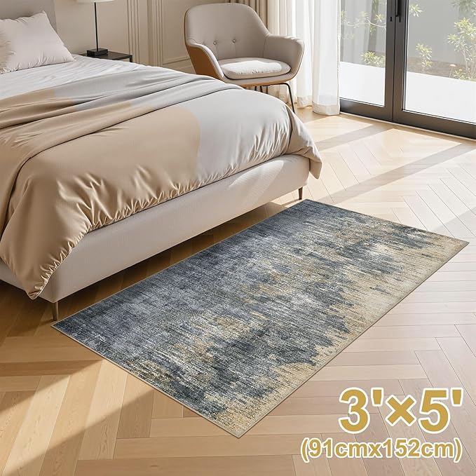 Area Rugs for Living Room: 3x5 Abstract Washable Rug Modern Neutral Large Soft Stain Resistant Non-Slip Backing Machine Table for Bedroom Dining Room Indoor Home Office Carpet - Blue Gold