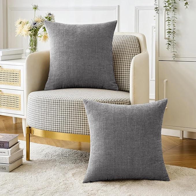MIULEE Pack of 2 Couch Throw Pillow Covers 18x18 Inch Soft Dark Gray Chenille Pillow Covers for Sofa Living Room Solid Dyed Pillow Cases
