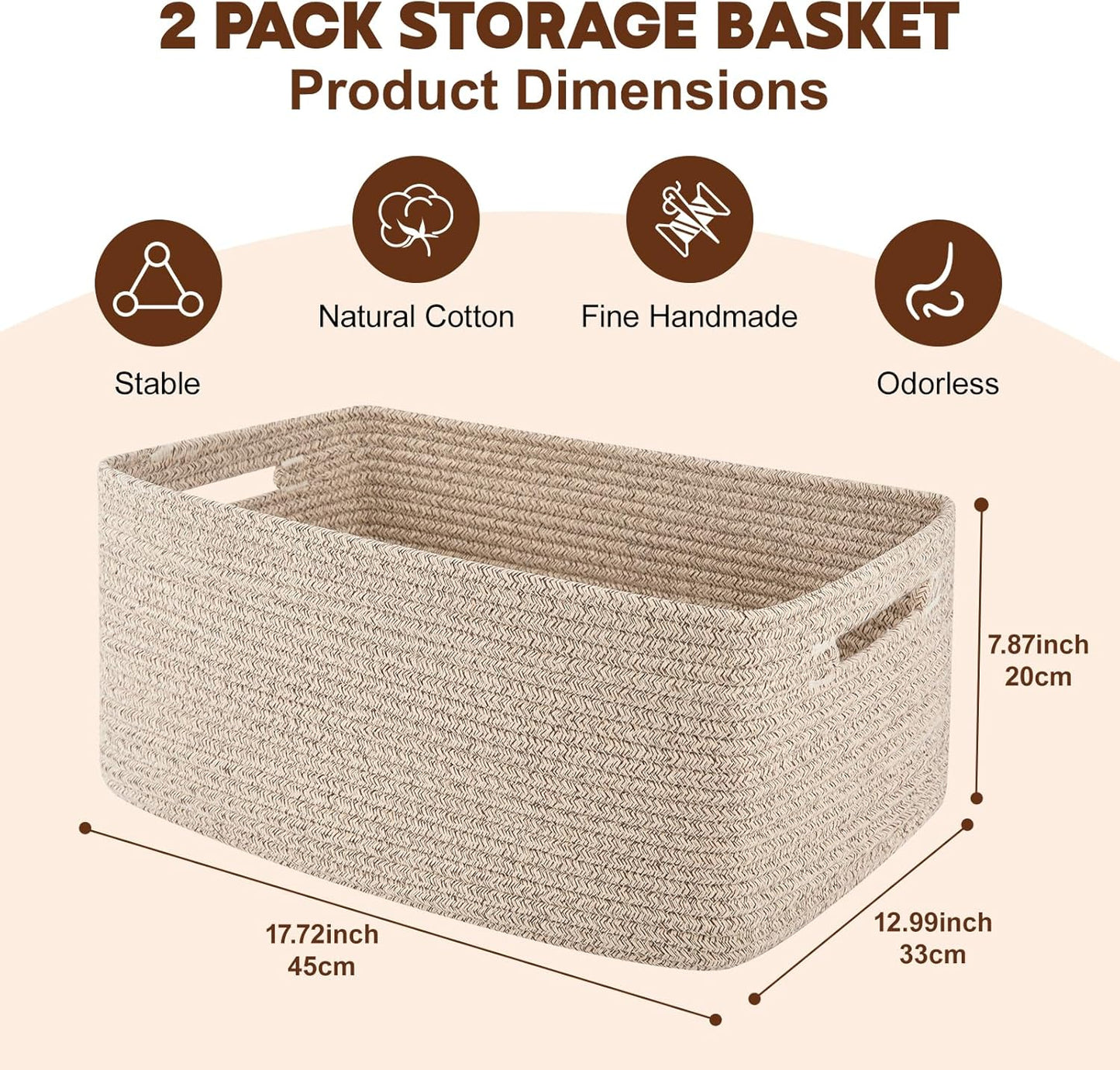 OIAHOMY Storage Basket for Shelves, Closet Cube Storage Bins Baskets for Clothes Blanket Towels, Baby Nursery, Toy Baskets Box, Woven Rope Basket, 17.72*12.99*7.87 IN, 2 Packs Brown