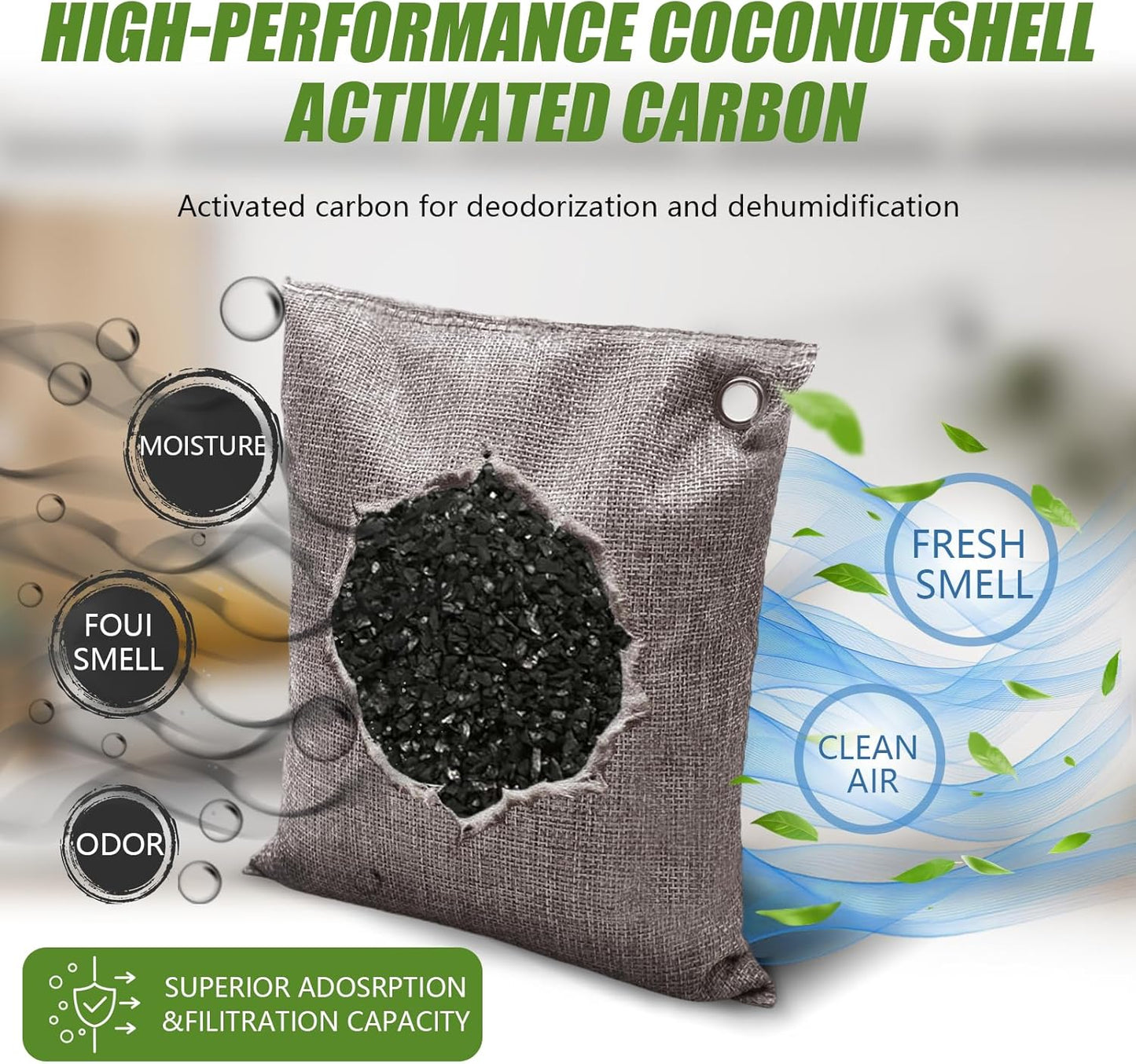 Activated Charcoal Odor Absorber, Odor Eliminator for Strong Odor,Coconut Shell Charcoal Air Purifying Bags for Home Car Closet Pet, Smoke Room Deodorizer