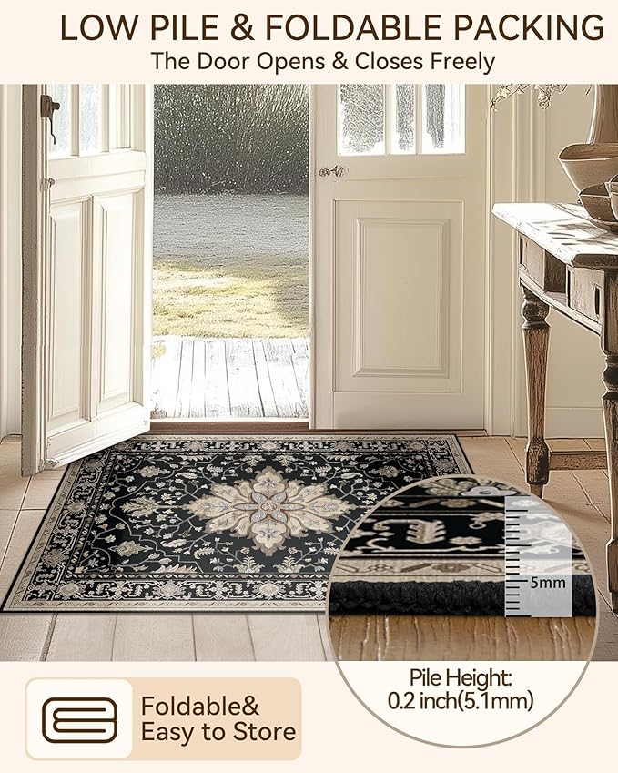 RELEANY Area Rugs 2'x10' Runner Rug Non Slip Washable for Kitchen Hallway Bedroom Beside Laundry Room Bathroom Rug, Floor Carpet, Black Brown Neutral Dark Tan