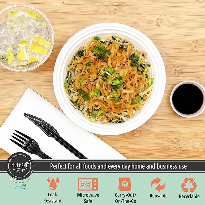 MULMEHË Plastic Food Storage Take-Out Container and Lid Combo, 24 oz, Microwaveable, Round, White, 7x1.5”, Set of 150