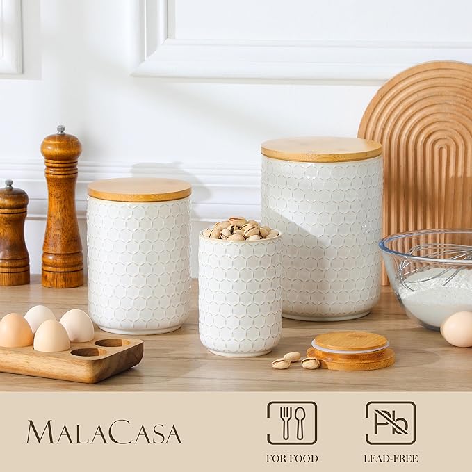 MALACASA LYDIA Ceramic Canisters Set with Airtight Lids, 80/40/20 oz Coffee Canisters Sets for the Kitchen, Large Jars for Flour, Sugar, Pasta, Coffee, Cookies, Tea - Set of 3, Hexagon