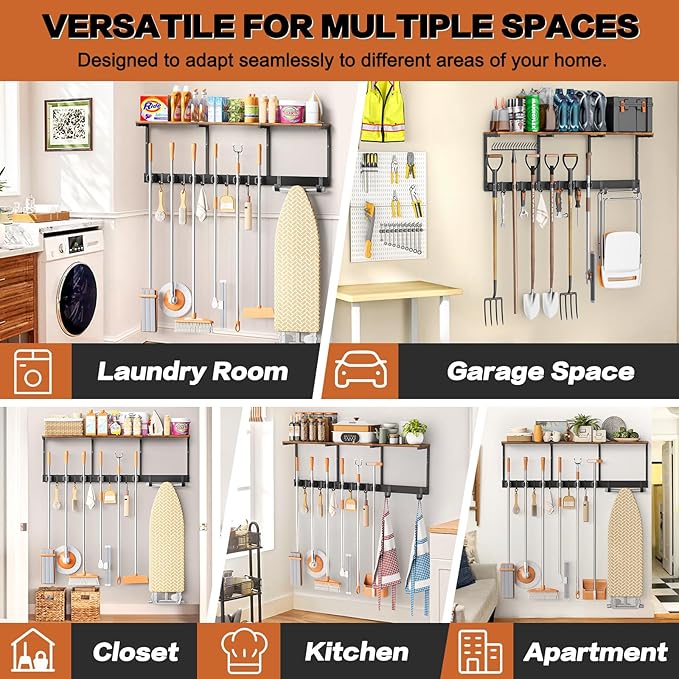 Broom Holder Wall Mount with Cleaning Supplies Organizer, Laundry Room Organization and Storage Shelves with Ironing Board Holder, Mop Hanger Broom Rack with Hooks, Home Improvement Garage Organizer