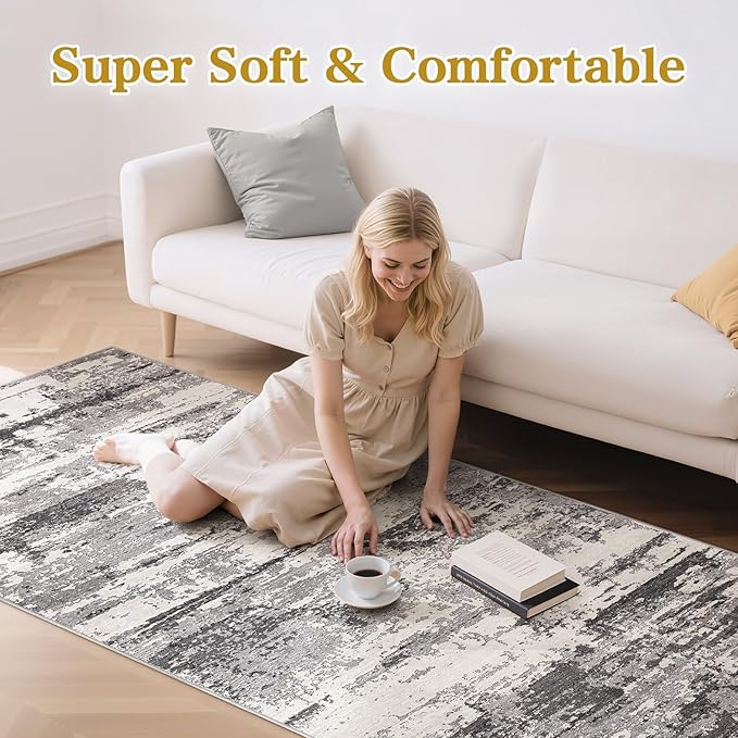 Hallway Washable Runner Rug: 3x12 Abstract Modern Soft Stain Resistant Non-Slip Backing Runner for for Entryway Kitchen Laundry - Black Grey