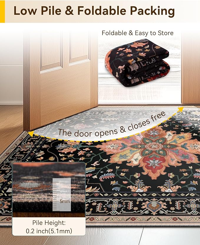 RELEANY Area Rugs 9'x12' Washable Non-Slip, Floral Vintage Distress Print Pattern Medallion Carpet for Living Room Bedroom Dining Room, Black Colorful Floral Dark Tan
