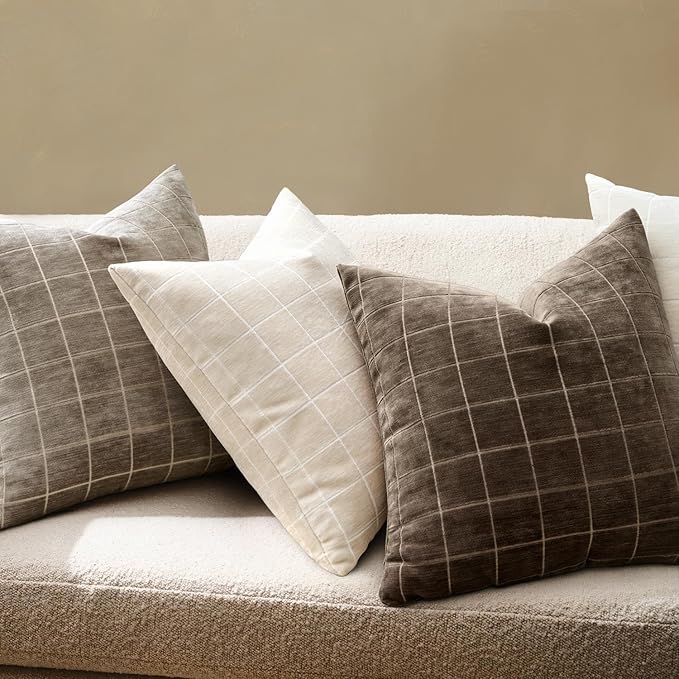 MIULEE Decorative Chenille Check Euro Shams Throw Pillow Covers Vintage Plaid Couch Pillows 24x24 Inch Set of 2 Neutral Boho Farmhouse Cushion Covers Modern Home Decor for Sofa Bed Living Room Brown