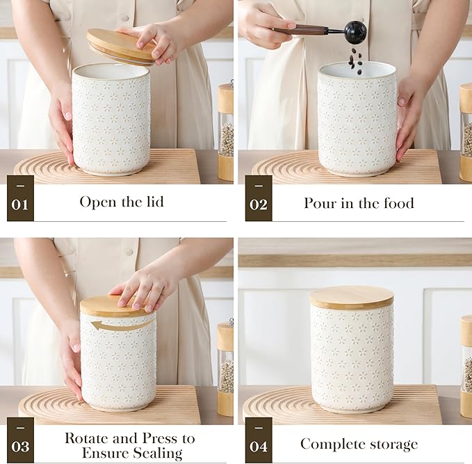 MALACASA LYDIA Ceramic Canisters Set with Airtight Lids, 80/40/20 oz Coffee Canisters Sets for the Kitchen, Large Jars for Flour, Sugar, Pasta, Coffee, Cookies, Tea - Set of 3, Five-Leaf Grass