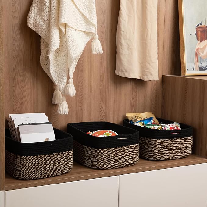 OIASKET Storage Baskets for Organizing 3 Pack, Woven Baskets for Shelves, Closet Organizer Bins Empty Gift Basket Toy Storage for Toys, Books, Towels, Clothes, 15"x11.42"x6.7", Black & Yellow