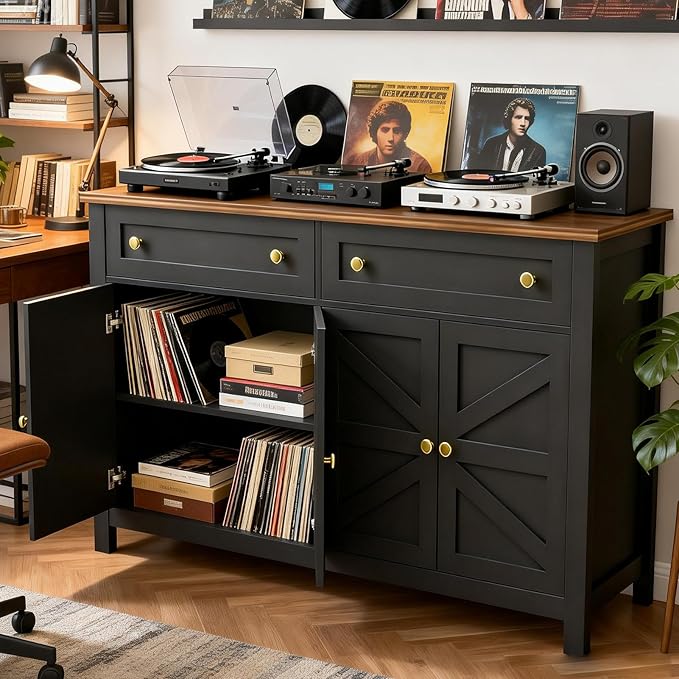 Farmhouse Kitchen Cabinet with Drawers, Rustic Sideboard Buffet Cabinet with Shelves and 4 Doors, Coffee Bar Cabinet, Storage Cabinet for Entryway Living Room Kitchen,Black