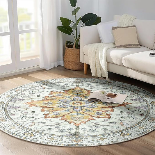 RELEANY Area Rugs 8ft Washable Non-Slip, Floral Vintage Distress Print Pattern Medallion Carpet for Living Room Bedroom Dining Room, Light Yellow Carbon Grey Orange