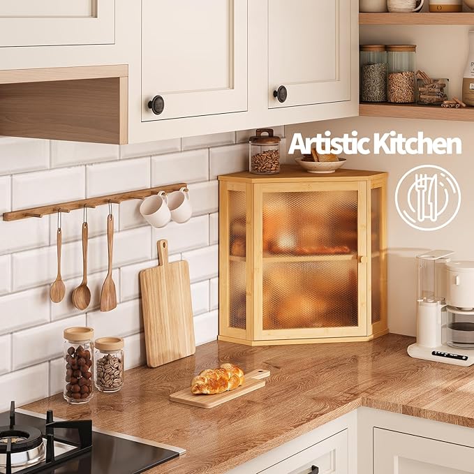 Corner Bread Box for Kitchen Countertop,Bread Storage for Homemade Bread, Double Layer Large Bamboo Kitchen Storage Bin with Window (Natural, Large)