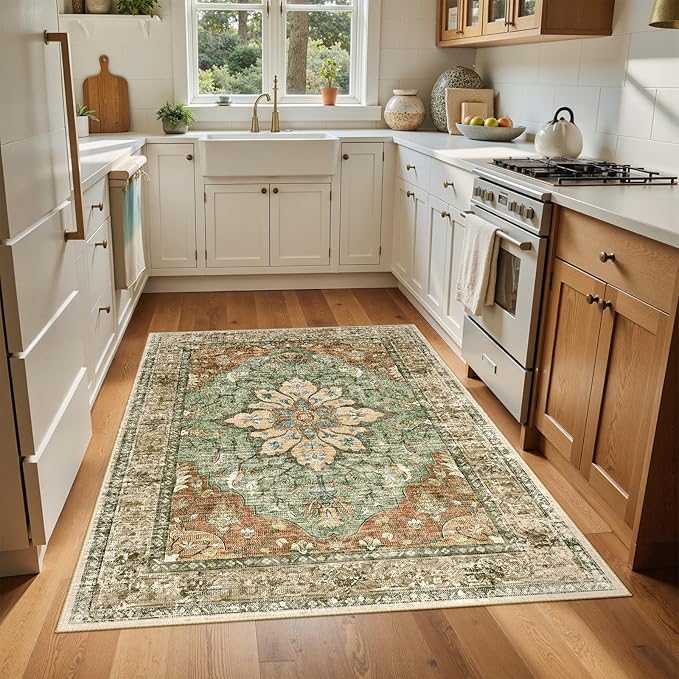 RELEANY Area Rugs 4'x6' Washable Non-Slip, Floral Vintage Distress Print Pattern Medallion Carpet for Living Room Bedroom Dining Room, Brick Red Rust Neutral Brown Burnt Orange Green